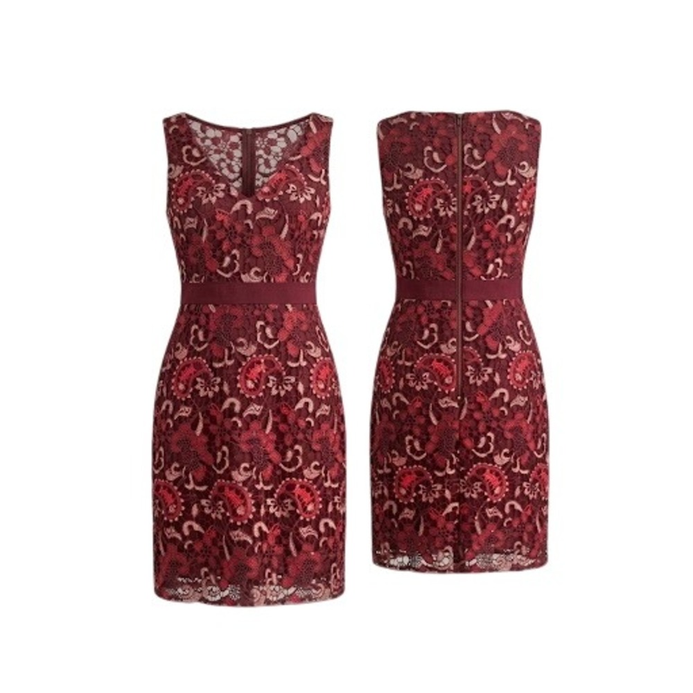 Adrianna Papell Burgundy Lace Sequin V-Neck Sheath Dress 10P AP1E201668